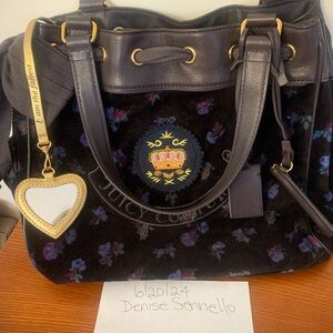 Juicy Couture Black and Blue Flowers Velour Daydreamer Bag.